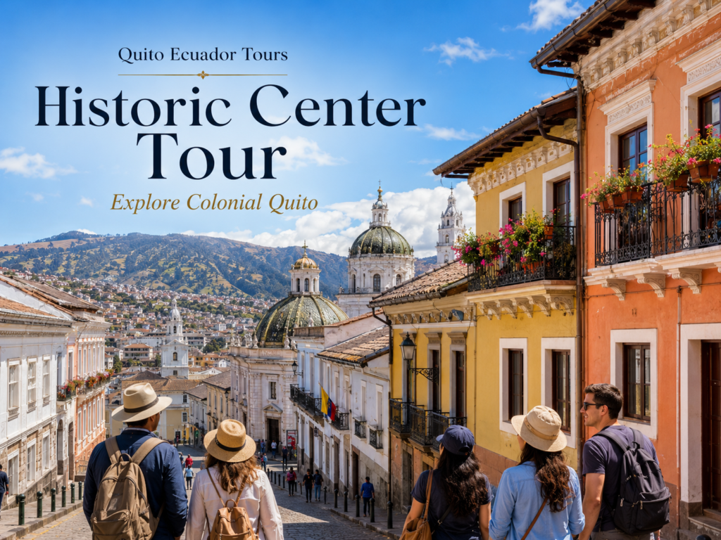 Tourists exploring the historic center of Quito, Ecuador.