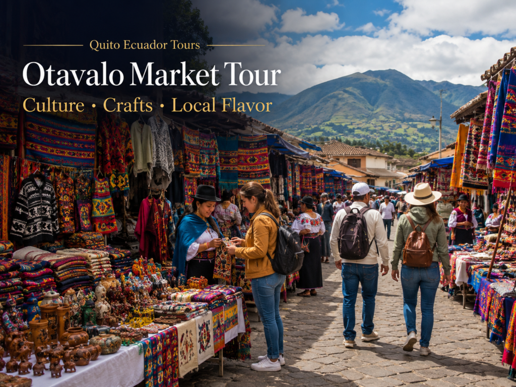 Visitors exploring the vibrant Otavalo Market in Ecuador.