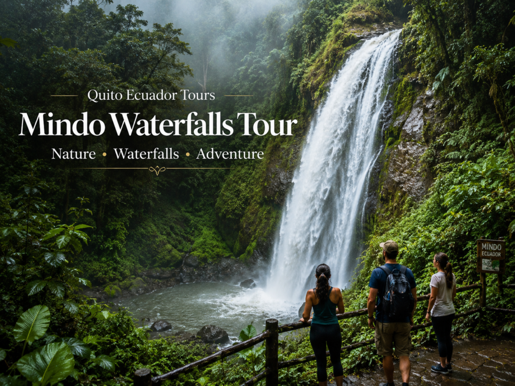 Visitors admiring Mindo Waterfalls in Ecuador.