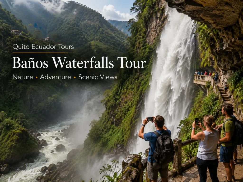 Tourists enjoying the Baños Waterfalls in Ecuador.