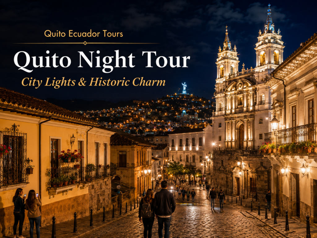 Night view of Quito's historic center with city lights.