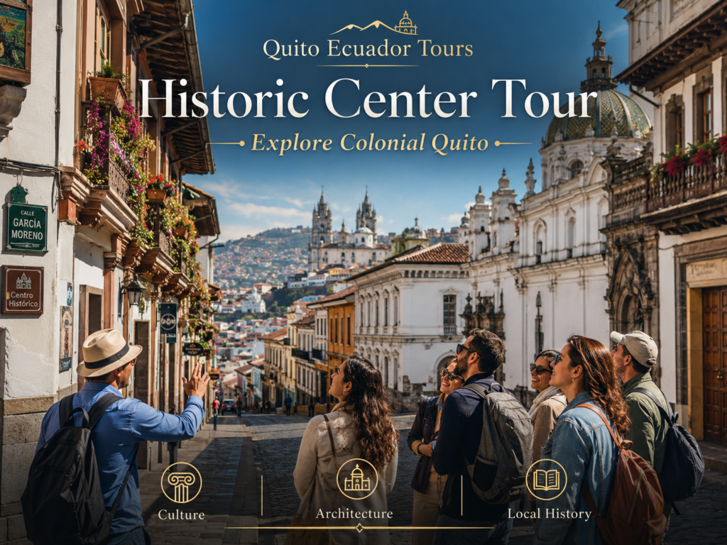 Tourists exploring the historic center of Quito, Ecuador.