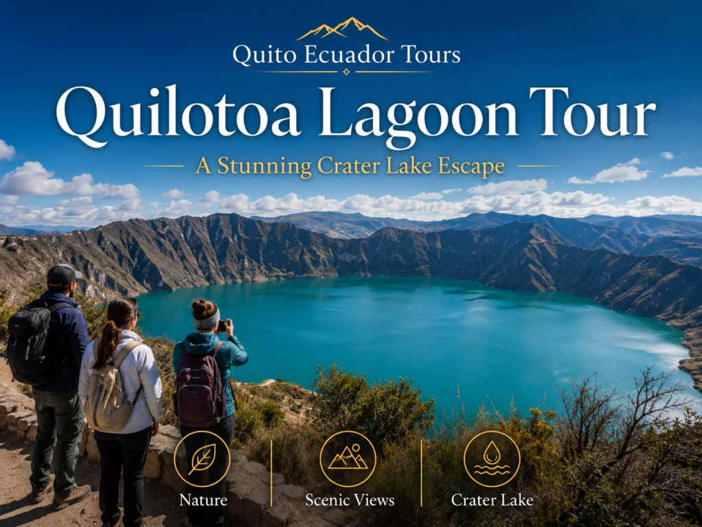 Tourists enjoying the stunning Quilotoa Crater Lake view.