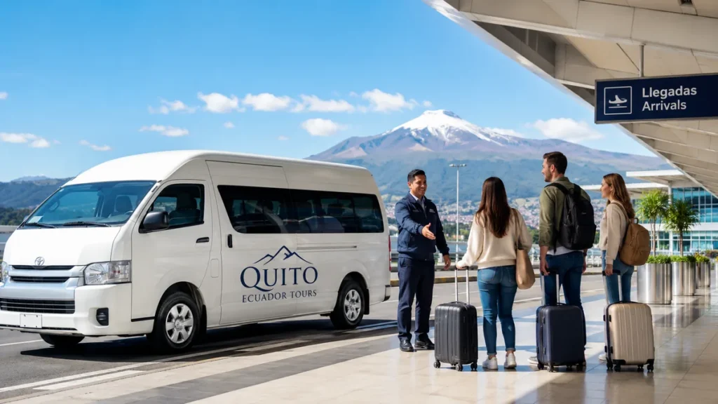Travelers greeted by a guide at Quito airport with luggage.