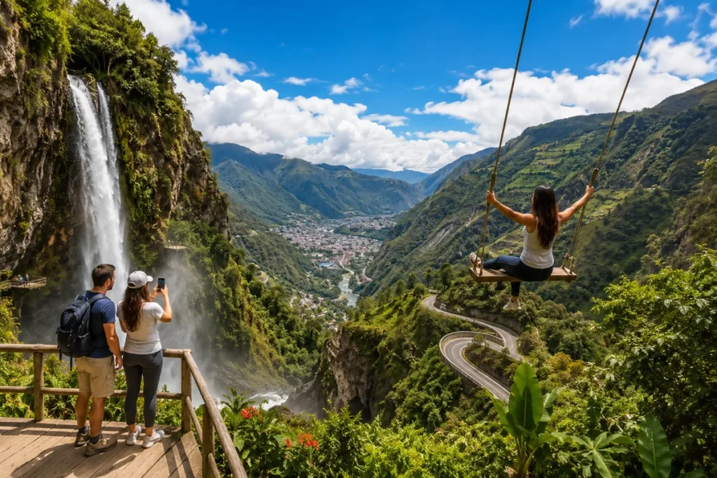 A woman swinging with a view of a waterfall and valley.