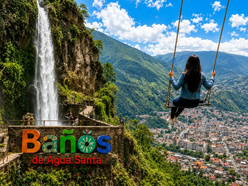 Swing overlooking Baños de Agua Santa and waterfall.