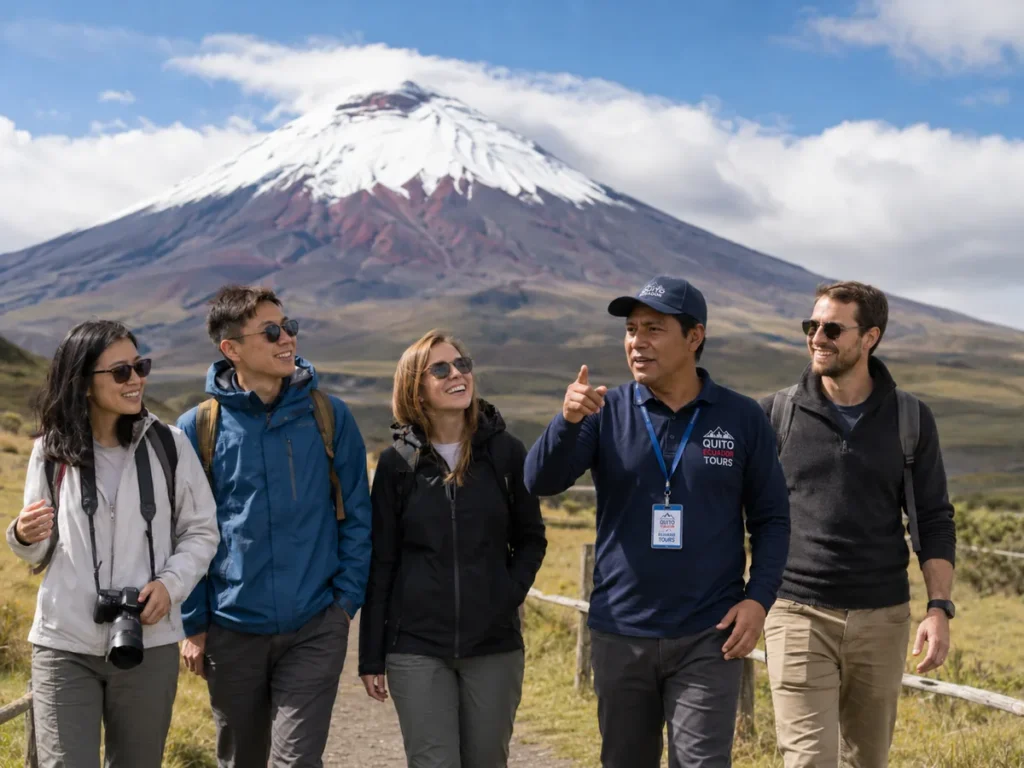 Group of travelers enjoying a tour near Cotopaxi Volcano.
