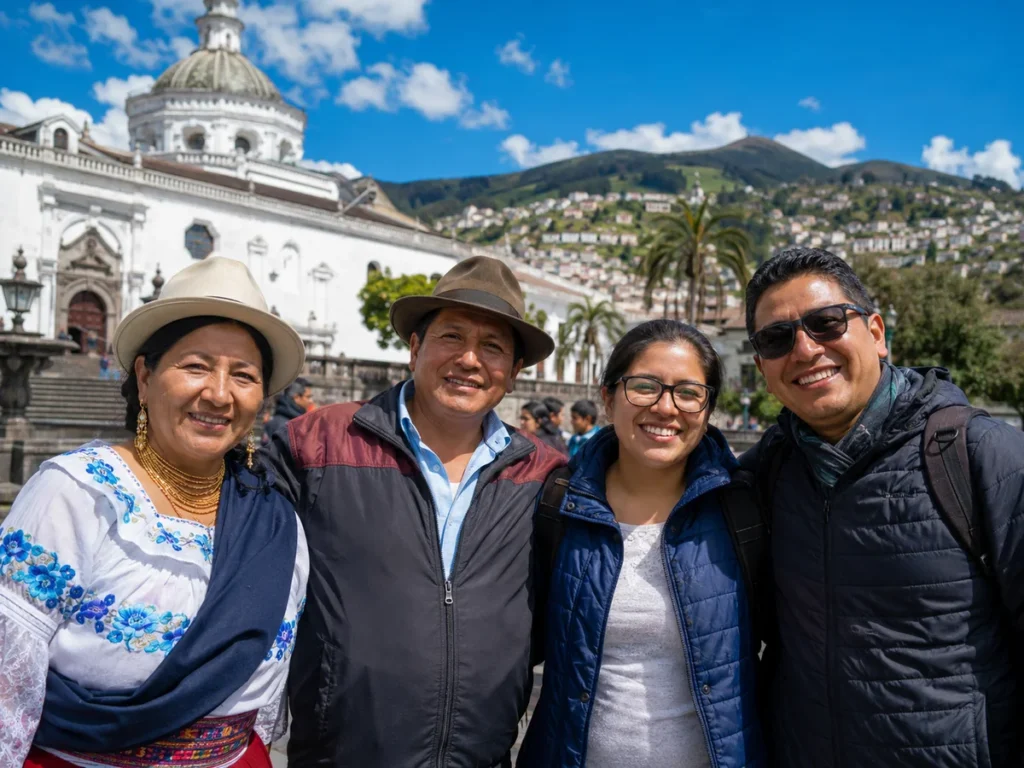 Group of four smiling people in traditional attire in Quito.