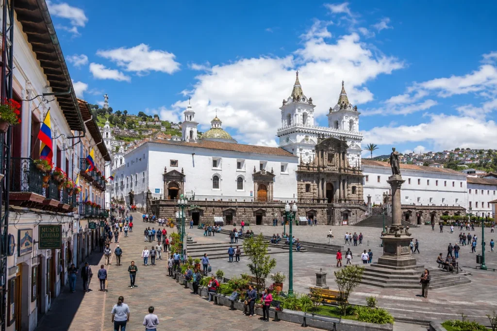 View of the historic center of Quito with colonial architecture.