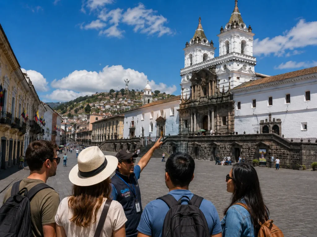 Tour guide explaining Quito's historic center to travelers.