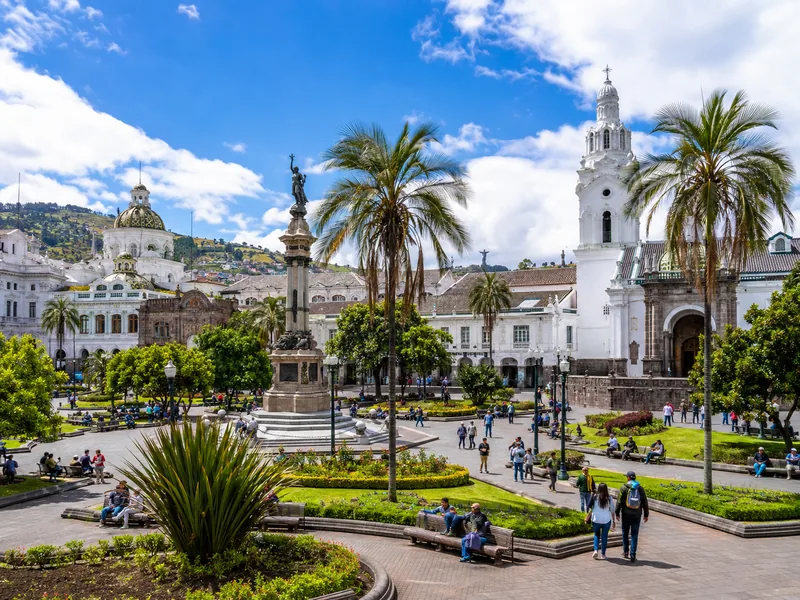 View of the historic center of Quito with palm trees and buildings.