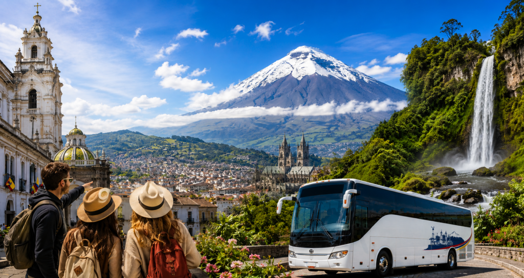 Tourists enjoying a view of Cotopaxi and a waterfall in Quito.