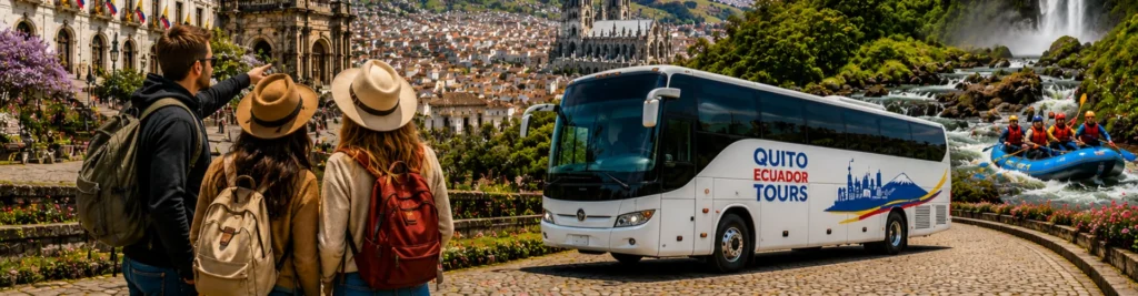 Tour bus from Quito Ecuador Tours in a scenic location.
