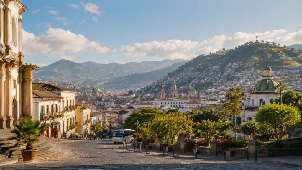 Scenic view of Quito's historic center with mountains.