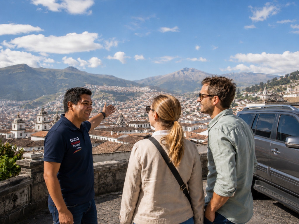 Tour guide explaining Quito's historic center to travelers.