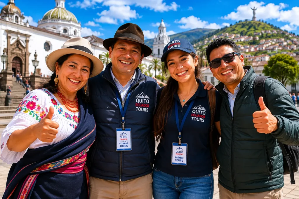Group of tour guides in Quito with historic buildings in background.