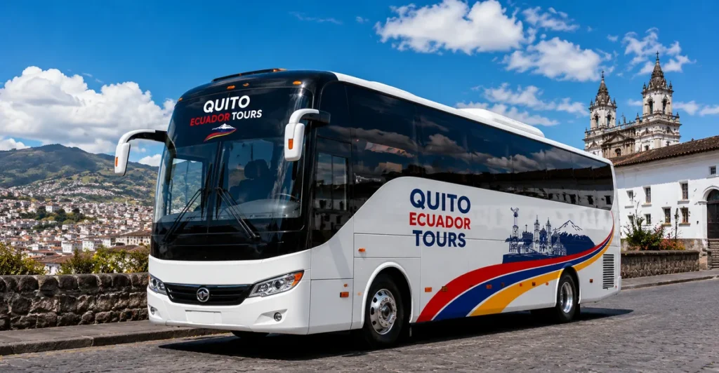 Tour bus for Quito Ecuador Tours in the historic center.