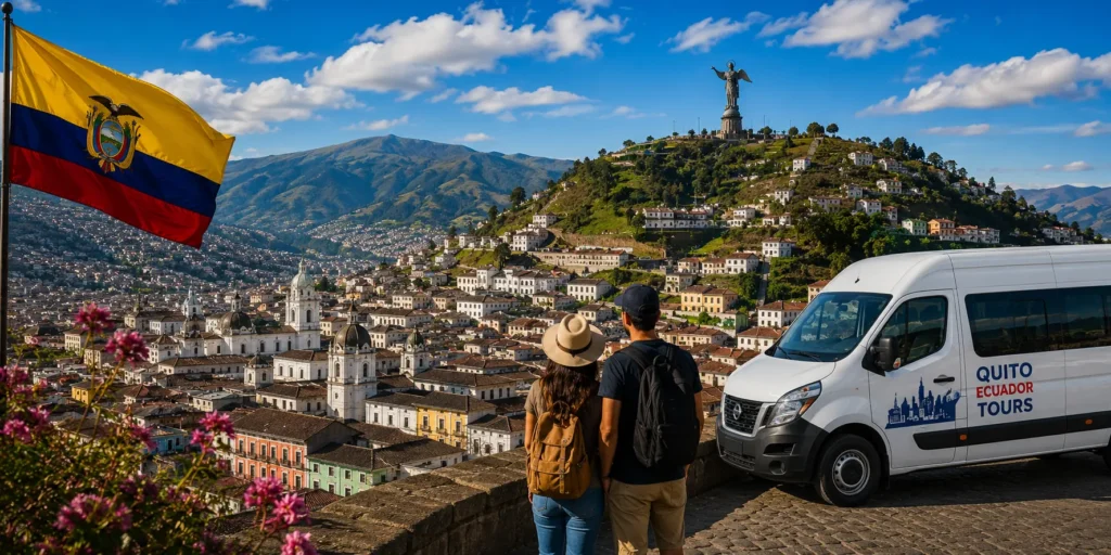 Couple enjoying the view of Quito with tour van.